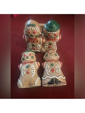 VINTAGE GINGERBREAD SET SALT AND PEPPER NAPKIN HOLDER CERAMIC JAPAN CHRISTMAS